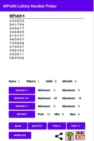 Use MPickIt 6 to pick MPickIt Pick 6 lottery numbers. You can pick 5 numbers from 0-9 or 5 number from 1-99.