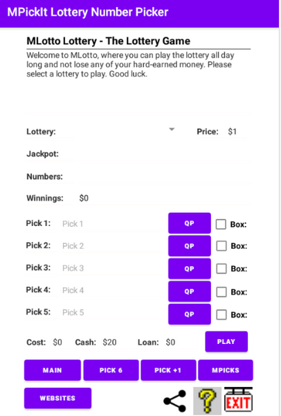 MLotto play the lottery free. The lotteries and options available depend on the version.